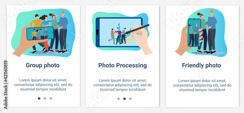 Modern flat illustrations in the form of a slider for web design. A set of UI and UX interfaces for the user interface.The theme is Taking photos on a smartphone and processing them.