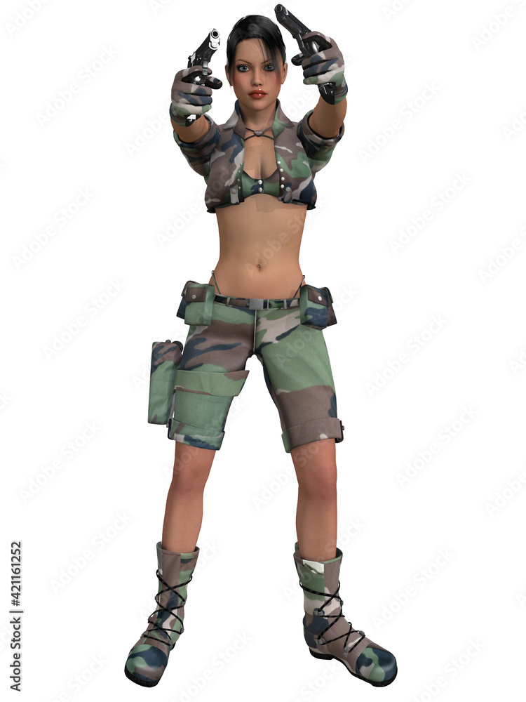 3d illustration of an sexy woman posing in a military outfit