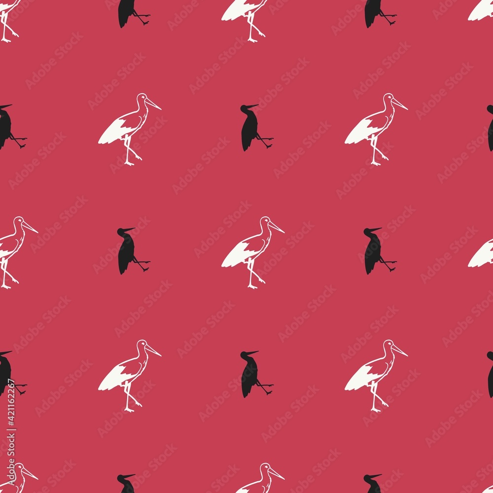 Seamless Pattern with Stork Vector Illustration in Red Background Color
