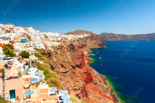 Panoramic view of on Santorini island, Greece. Summer landscape, sea view. Famous travel destination