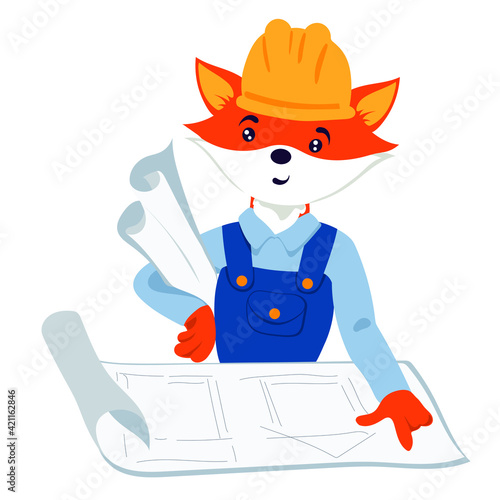 Fox the builder in a hard hat with blueprints. A character for a construction company. Fox engineer character. Illustration in hand drawn style