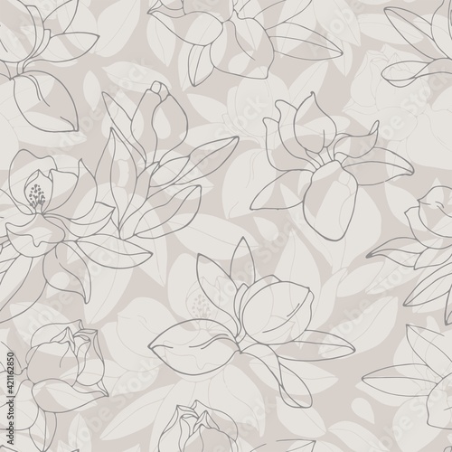 Seamless pattern with blooming magnolias. Contour flowers on a beige background.