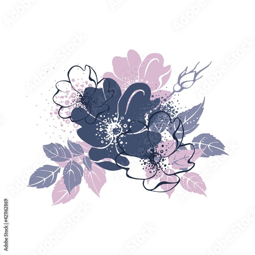 Image of blooming rosehip flowers in gray and pink colors. Flat vector illustration. Artistic graphics.
