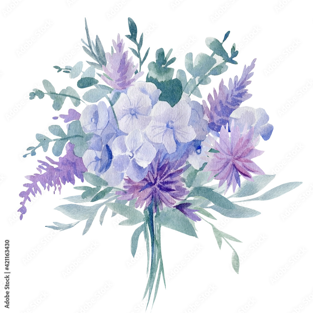 Watercolor abstract flowers, floral bouquet on isolated on white background, hand painted