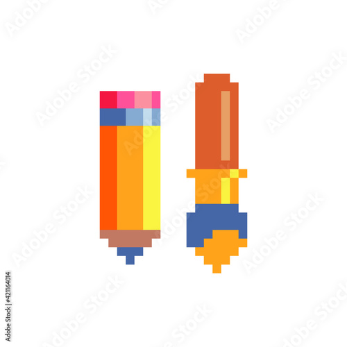 Pixel pencil and brush icons. 8-bit sprites. Isolated vector illustration.  Old school computer graphic style.