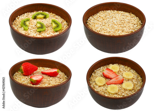 set of oatmeal with fruit strawberry banana kiwi isolated on a white background, healthy breakfast, diet and vegetarianism