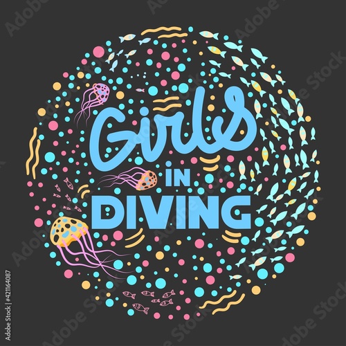 Girls in diving. Vector illustration. Scuba diving. Underwater, weightlessness, beautiful, woman, lifestyle, relaxation, flying, swimming, deep, exploring.
