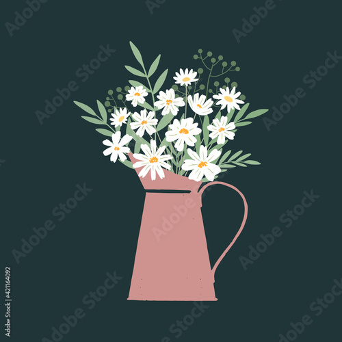 Vector illustration of bunch of fresh chamomile flowers in watering can on dark background