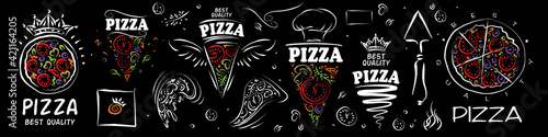 Set of vector pizza logos on black background