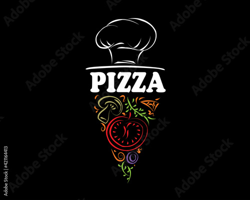 Hand drawn vector pizza logo on black background