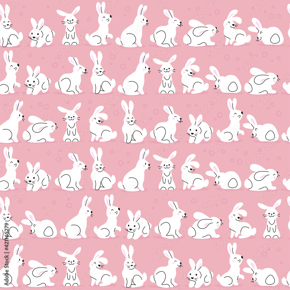 Seamless pattern with cute white bunny characters isolated on pink background. Hand drawn flat style. Vector illustration. For nursery, Easter decor. Seamless pattern with cute white bunny characters isolated on pink background. Hand drawn flat style. Vector illustration. For nursery, Easter decor.