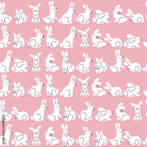 Fototapeta Naklejka Na Ścianę i Meble -  Seamless pattern with cute white  bunny characters isolated on pink background. Hand drawn flat style. Vector illustration. For nursery, Easter decor.