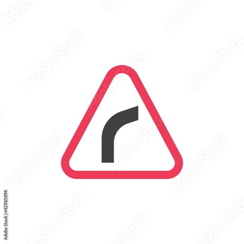Right bend warning road sign flat icon