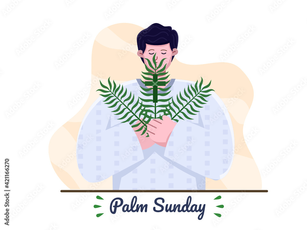 Obraz premium Happy Palm Sunday with Christian Pastor people bringing cross and palm leaves. Palm Sunday Christian holiday. Suitable for greeting card, invitation, banner, flyer, poster.