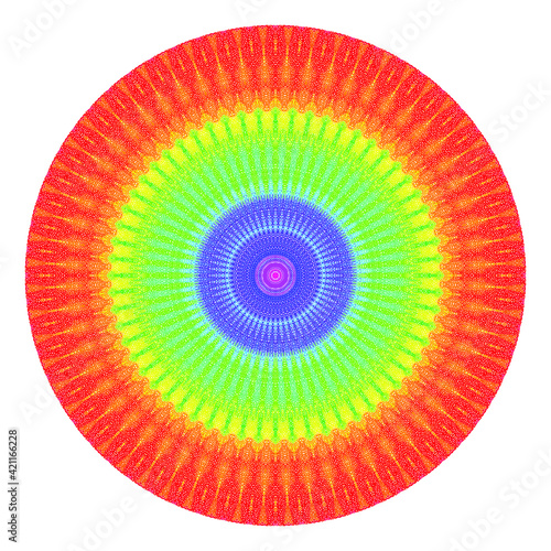 Creative multicolored points round symbol. Abstract symmetrical logo. Mosaic colorful beautiful beads. Circle dots modern pixel floral art icon. Colored pattern ornament wheel decorative illustration.
