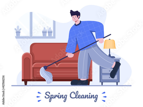 Spring Cleaning flat illustration with people mopping the floor. House cleaning at spring. Home clean up spring. Can be used for poster, banner, greeting card, postcard, presentation, animation, web.