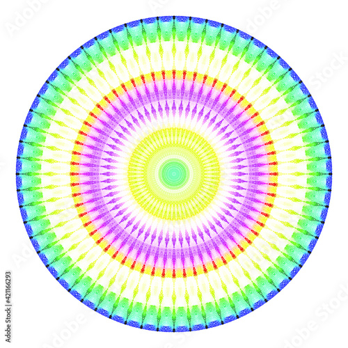 Creative multicolored points round symbol. Abstract symmetrical logo. Mosaic colorful beautiful beads. Circle dots modern pixel floral art icon. Colored pattern ornament wheel decorative illustration.