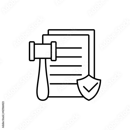 Code of conduct or passing laws. Linear icon of bill, judgment. Black simple illustration of document with gavel. Contour isolated vector pictogram on white background