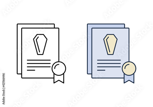 Death certificate logo. Linear icon and color version. Black simple illustration of official stamped document with coffin sign. Contour isolated vector pictogram on white background
