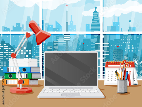 Office desk with laptop, lamp, document papers. Calendar, stationery, folders. Modern business workplace. Home workspace table, window with cityscape. Vector illustration flat style