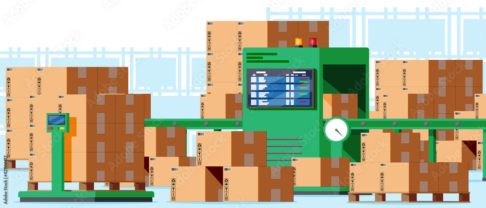 Conveyor belt machine concept interior. Modern factory equipment. Warehouse process service. Package X-ray baggage. Security, logistic and delivery. Cartoon flat vector illustration Conveyor belt machine concept interior. Modern factory equipment. Warehouse process service. Package X-ray baggage. Security, logistic and delivery. Cartoon flat vector illustration