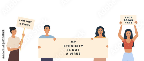 Stop Asian Hate. My Ethnicity is not a Virus. Vector flat Male and Female Asian Community protesting. Stop racism. Trendy Modern Group of People holding banner against bullying hate and violence. 