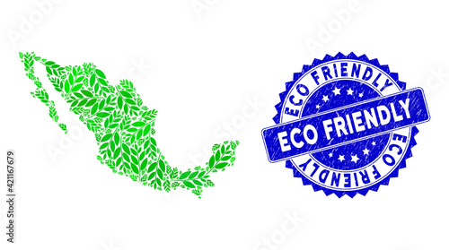 Green Mexico collage map made of coca plant leaves elements, and Eco Friendly distress badge. Vector coca plant leaves random flat green design elements are composed into mosaic map of Mexico country.
