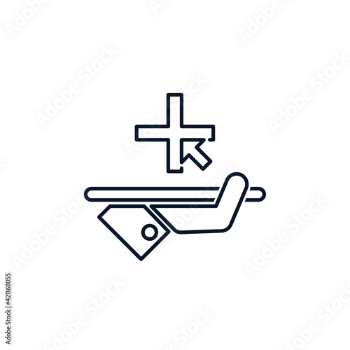 Hand, tray, plus, cursor. Improved service concept, additional features. Vector icon isolated on white background. 