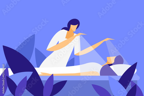 Illustration of a woman undergoing energy healing treatment