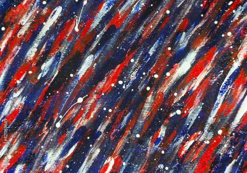 Art creative canvas with drawn lines of blue, white, red paint