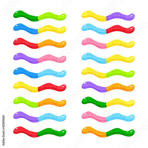 Jelly worm sweet candy with amazing flavor flat style design vector illustration set.
