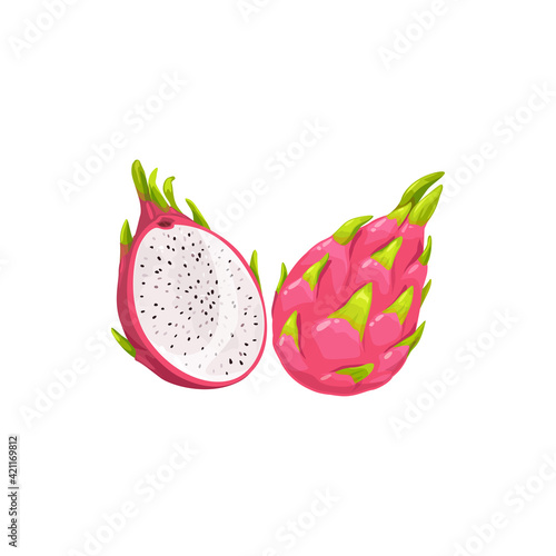 Dragon fruit pitaya whole and cut isolated realistic tropical food dessert. Vector ripe pitahaya, juicy tropical fruit, vegetarian food, grocery product. Pithaya, exotic tropical dragonfruit