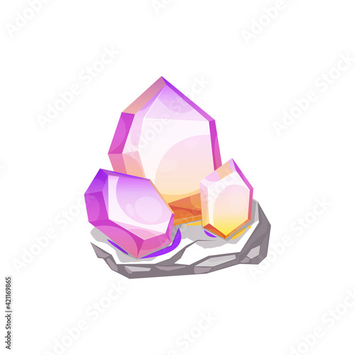 Crystal, gem or gemstone jewel and diamond jewelry, vector quartz mineral stone or glass rock. Red pink crystal gemstone or amethyst and topaz jewelry gem, precious rhinestone crystal