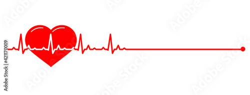 Banner with Red line heartbeat and heart. Normal heart rate. Line cardiogram heart