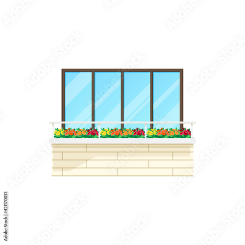 Balcony house window, building facade architecture, vector flat icon. Apartments balcony with brick fence, glass windows and flowers on railings, modern building balcony barrister, isolated