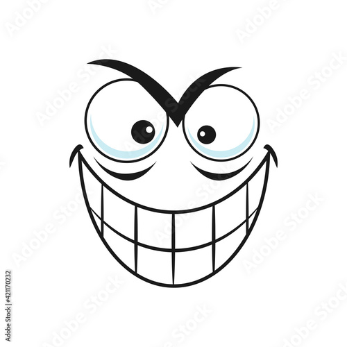 Treacherous emoticon with toothy smile isolated emoji. Vector cute comic face expression with emotion of evil and fear. Smiley demon, cheerful insidious man head, chatbot avatar, social message
