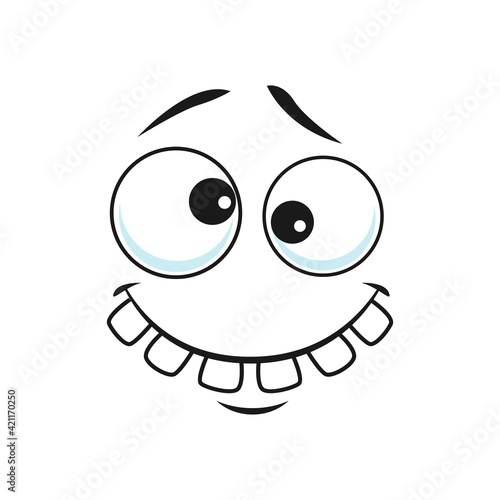 Strange stupid emoticon with broad toothy smile isolated icon. Vector strange emoji with broad smile, crazy idiot. Cheerful person social network emoji, emoticon silly eyes, confused face expression