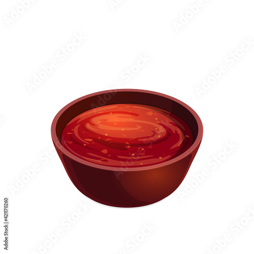 Salsa tomato ketchup in bowl, plate with red paste isolated icon. Vector plate with tomato hot chili spicy snack. Sauce-boat portion, bbq catchup. Food condiment, seasoning, sour sweet sauce on plate