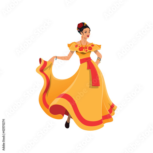 Mexican woman in long traditional dress isolated. Vector dancer lady in tabasco dress, decorated with roses and red belt, flowers in head. Cartoon character in national dress, dancing latino girl