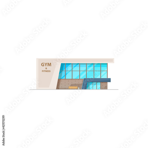 Gym and fitness club building, sport workout and training center, vector architecture. Modern urban fitness center and workout gym hall with entrance facade, isolated icon