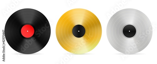 Set of realistic vinyl mockup. Dj cover disc in paper blank. Lp record cover. Platinum silver and black vinyl plate. Isolated vector illustration.