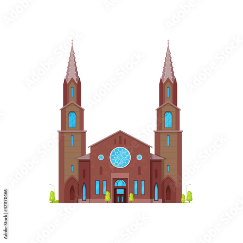 Church or cathedral medieval chapel, gothic architecture buildings, vector facade. Christian religion catholic or evangelic church chapel or temple cathedral with belfry towers photo