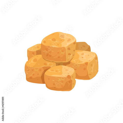 Tofu cheese fried cubes isolated realistic icon. Vector vegetarian product of soybeans, soya meat pices. Bean curd food of coagulating soy milk, solid blocks of silken, soft, firm or extra firm tofu