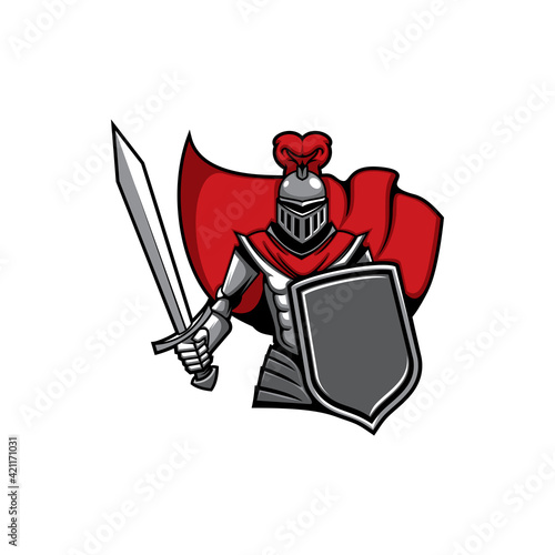 Medieval knight vector icon, heraldic soldier mascot, warrior with sword and shield. Guard attack with blade in armour and red cape. Ancient royal knight in helmet with plumage isolated symbol