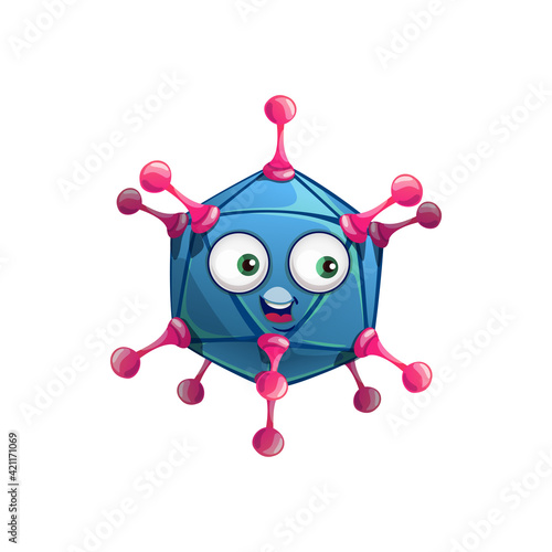 Cartoon adenovirus cell vector icon, virus, bacteria or germ character with smiling face. Pathogen microbe monster with big wide open eyes, isolated blue cell of polyhedron shape