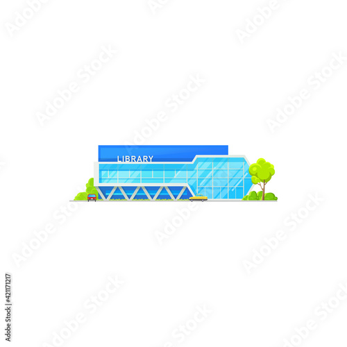 Library building, public architecture isolated icon, vector flat facade exterior. Modern public library, school and college education books architecture, university study house, glass construction