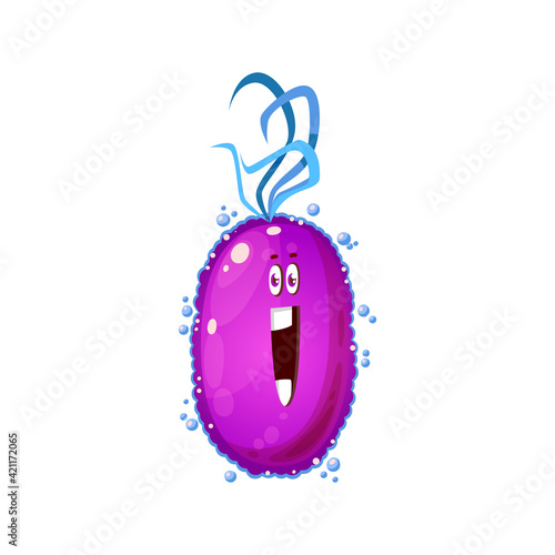 Virus bacteria in shape of purple drop with eyes isolated cartoon monster. Vector human or animal microbe, amoeba bacteria microorganism. Bacterial infection, comic dangerous germ with eyes and mouth