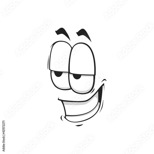 Cartoon face isolated vector icon, ogle facial expression with wide lustful smile. Funny character flirting, positive emotion, comic face with toothy smiling mouth and half open eyes