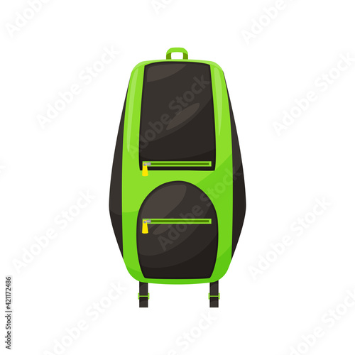 Kids schoolbag isolated vector icon, cartoon hiking rucksack of green and black colors, student backpack, touristic knapsack or school bag on white background