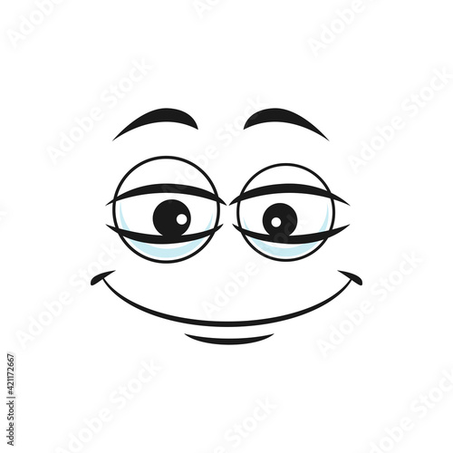 Cartoon face vector icon, funny emoji with smile and kind eyes. Satisfied, calm or relaxed facial expression, positive feelings isolated on white background